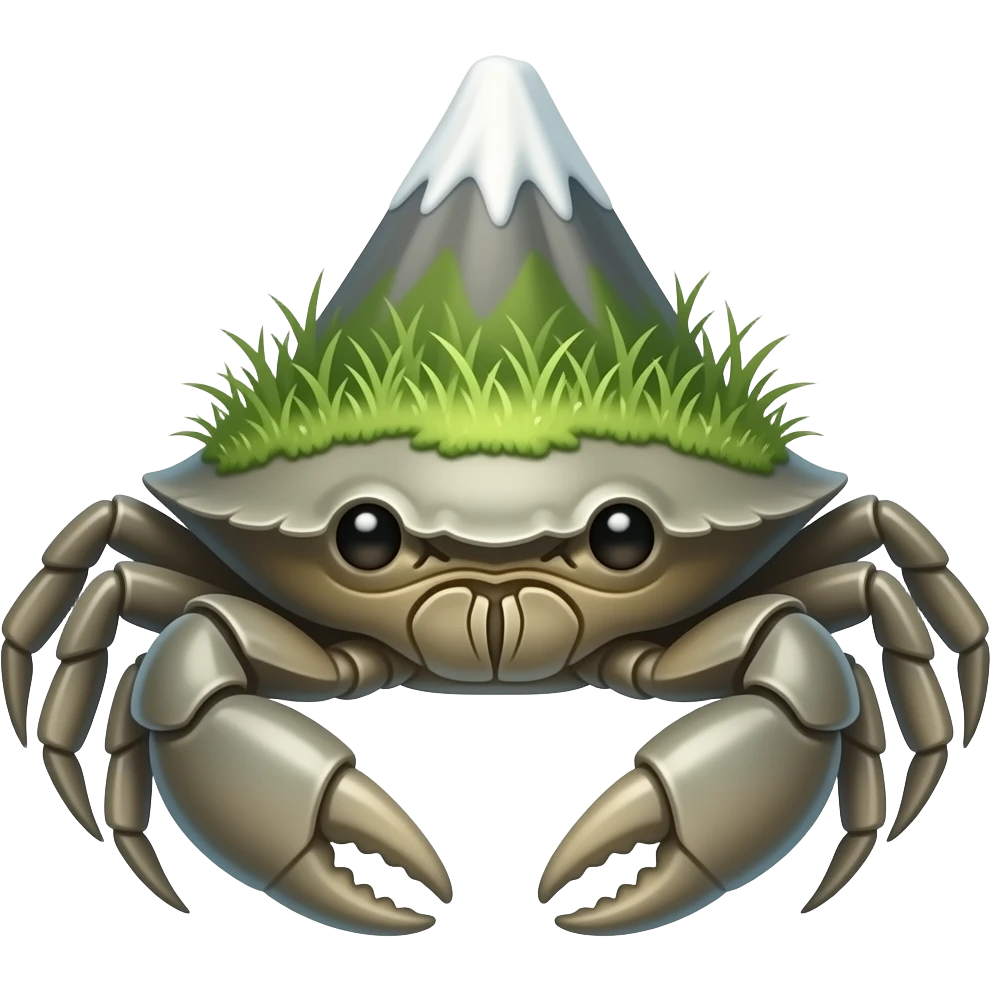 A big gray crab facing forward with a mountain on his back with grass on it emoji