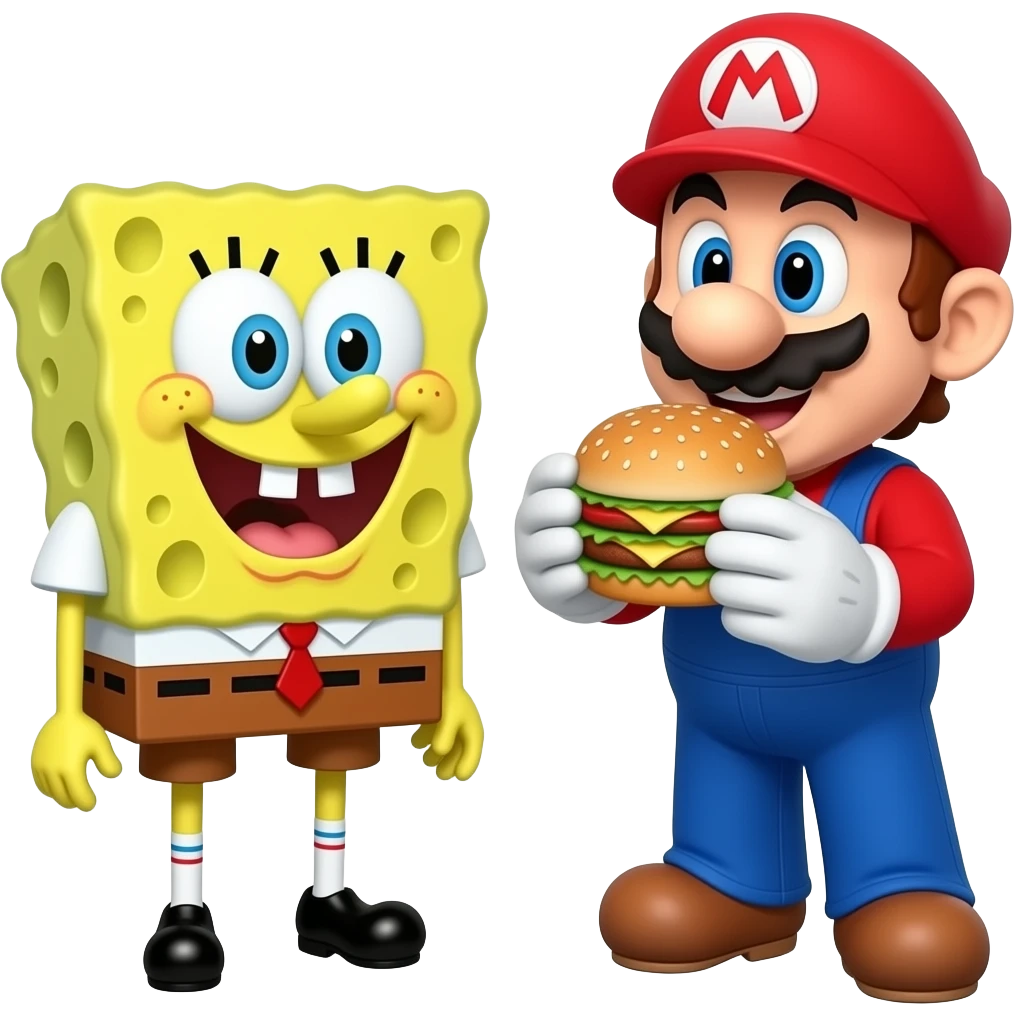 Bob Esponja e Mario comendo hambúrguer na Domino's Pizza. emoji