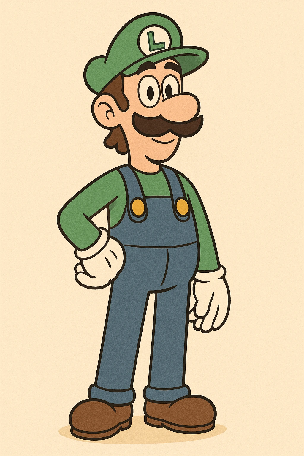 Luigi from Mario & Luigi, standing pose, green hat, blue overalls, brown shoes, mustache, friendly face, cartoon style emoji
