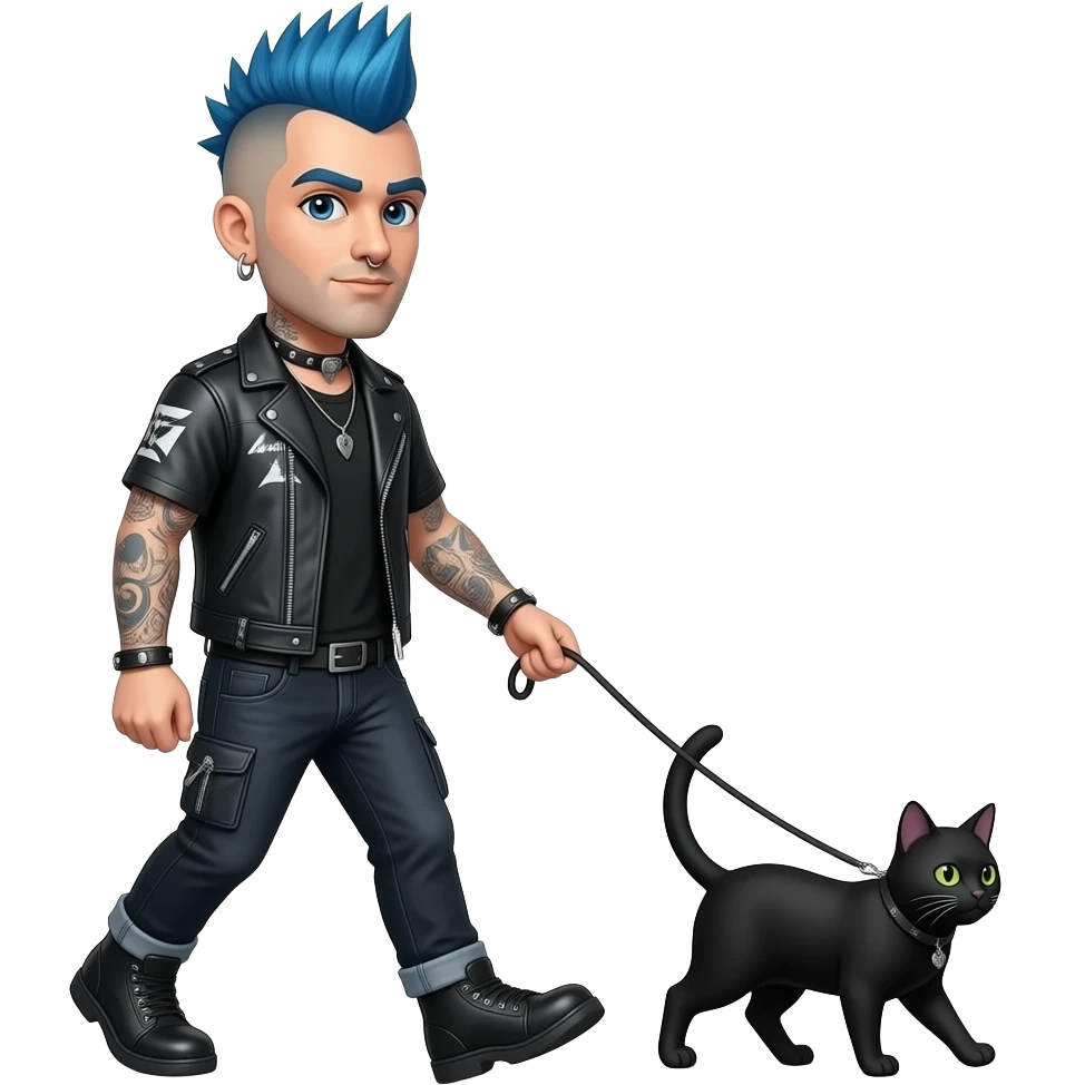 Punk rock Man with blue hair and tattoos and nose ring walking a black cat on leash emoji