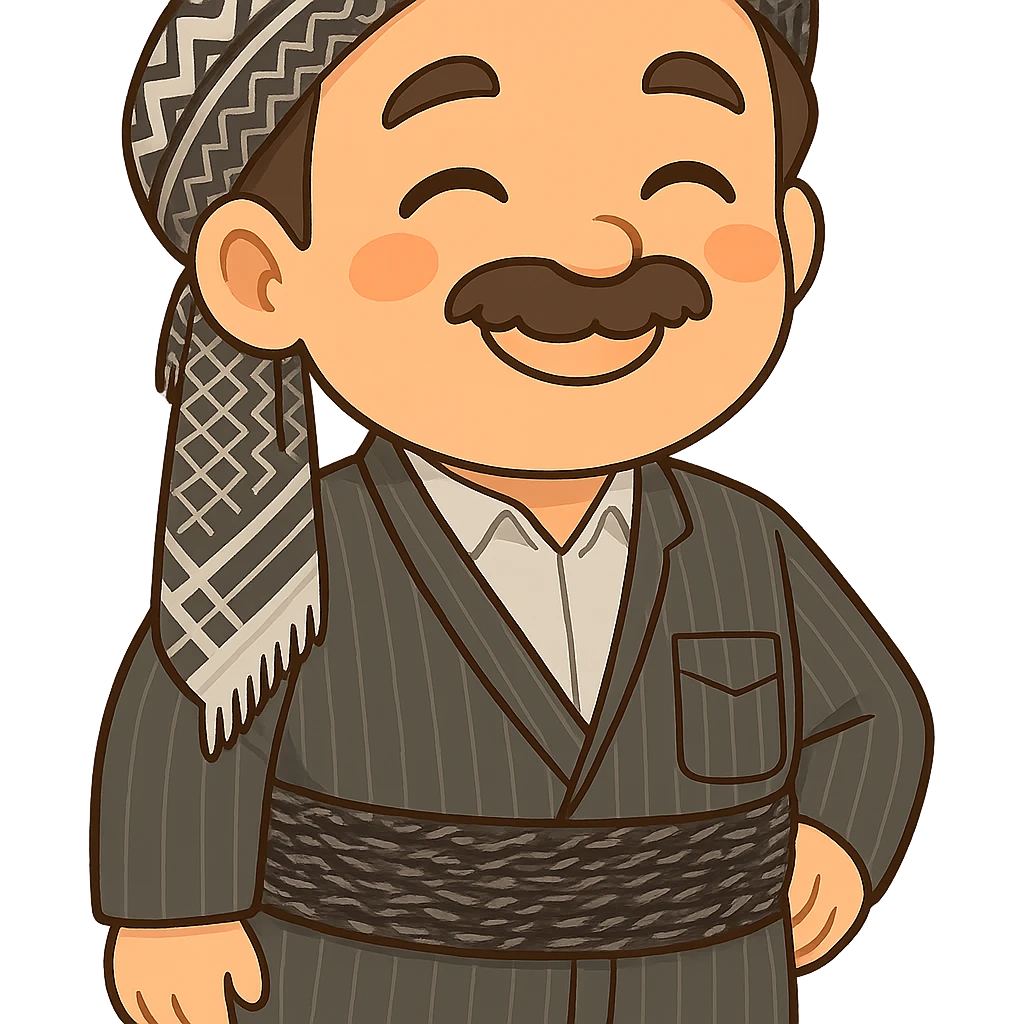 Cartoon sticker of a Kurdish man with the same clothes and scarf as the reference image, no changes to clothes or scarf, face with a satisfied expression and a gentle smile similar to the 😊 emoji, colorful and cheerful, no shadows or color halos around the image, no text, suitable for WhatsApp and Instagram, fully transparent background. emoji