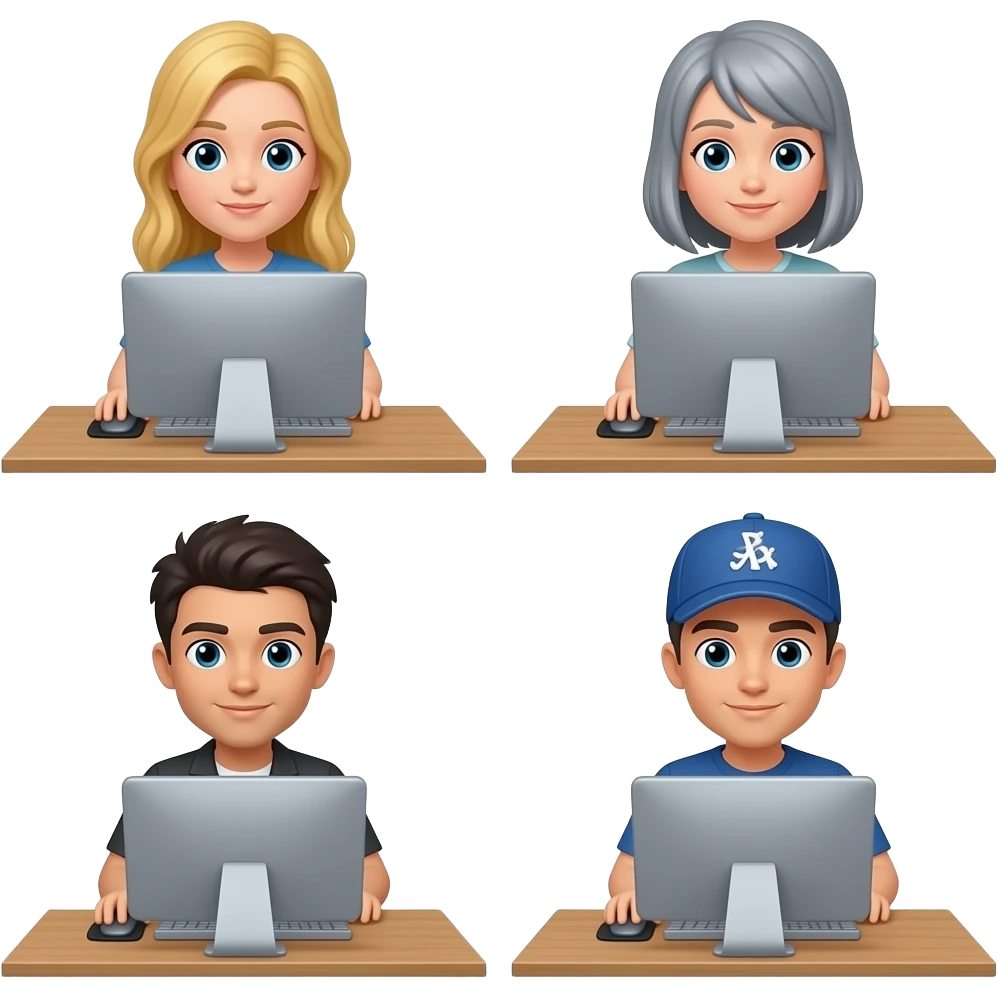 virtual meetings with computers amongst 4 teammates: 2 girls (1 blonde, 1 ash gray), 2 guys (dark hair, 1 with ballcap) emoji