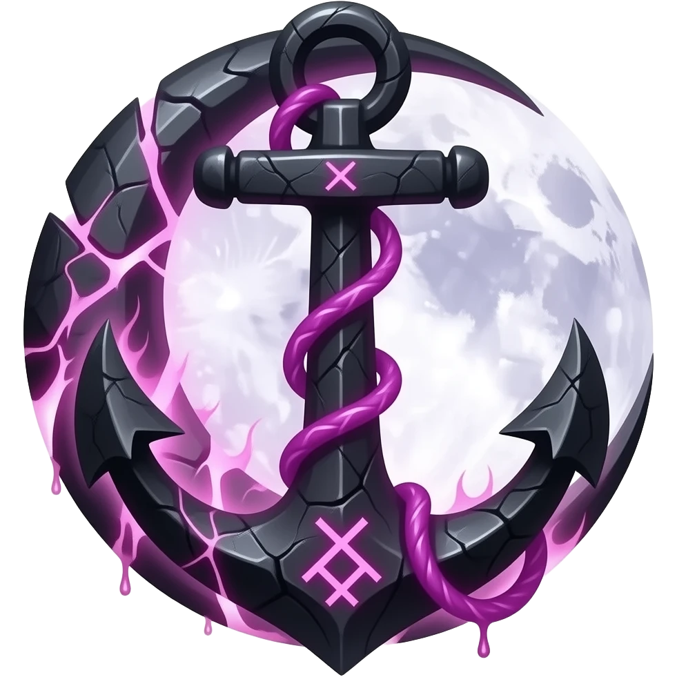 „blackened crescent‑moon fused with a jagged anchor, cracked runic engravings glowing violet, thin pink curse‑energy leaking like burning veins, soft moonlight catching the cracks, drifting shadow‑mist, ultra‑detailed, black‑violet‑pink palette, no characters“ emoji