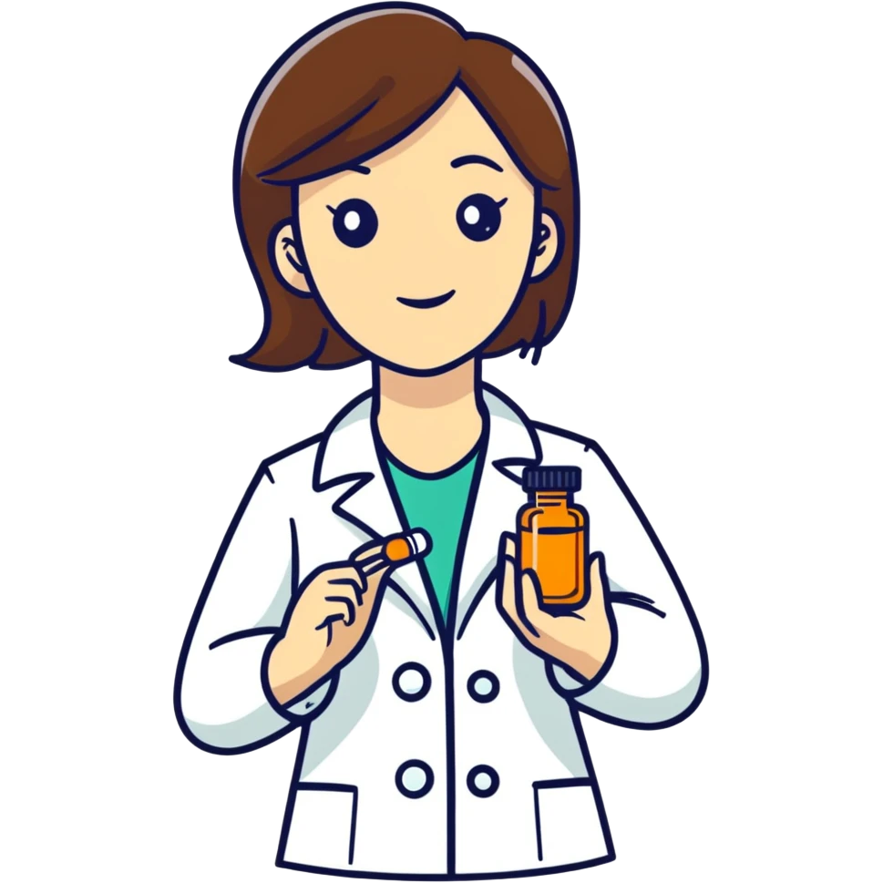 Brunette female Pharmacist holding an amber pill bottle emoji