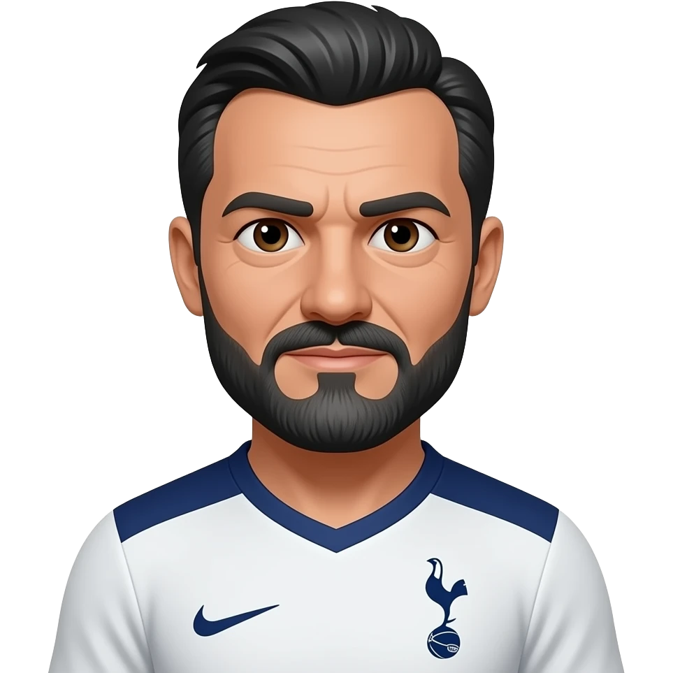 White man in his 50’s. Black and white hair parted in the exact middle. Hair is relatively short. Thin black and grey mustache and beard. More grey than black. Brown eyes. Wearing a Tottenham home jersey. Eyes are small, eyebrows are thick emoji