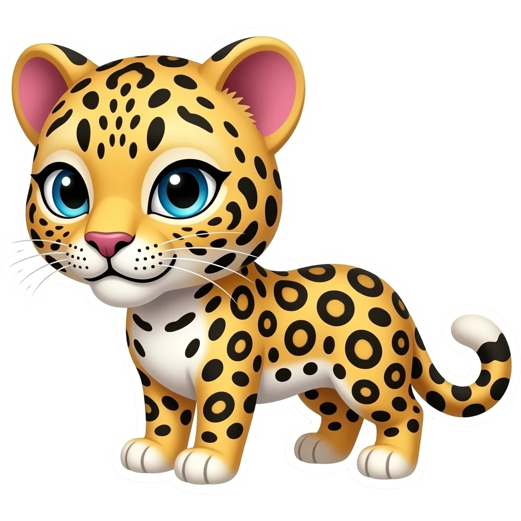 Un sticker de leopardo con un lado rosado en unas de sus orejas y que tenga una mirada coqueta emoji