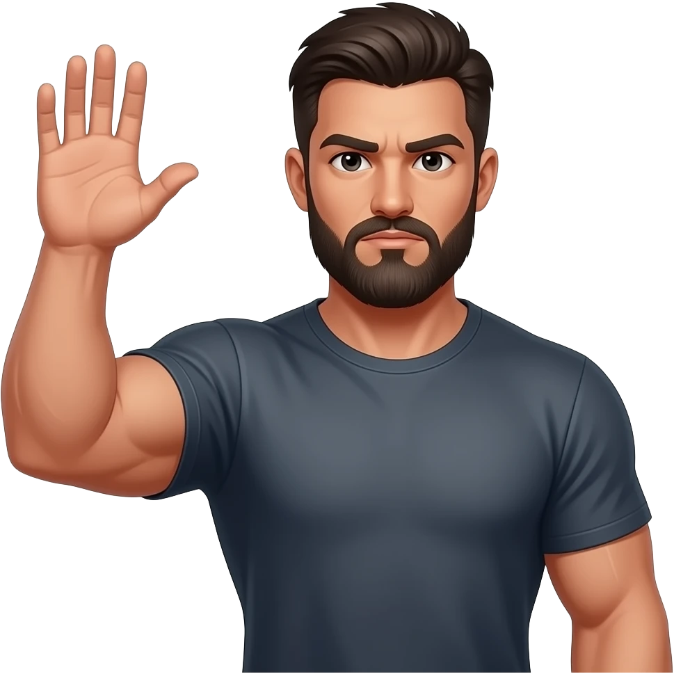 Muscular  man on steroids with dark hair and beard raising open hand d emoji