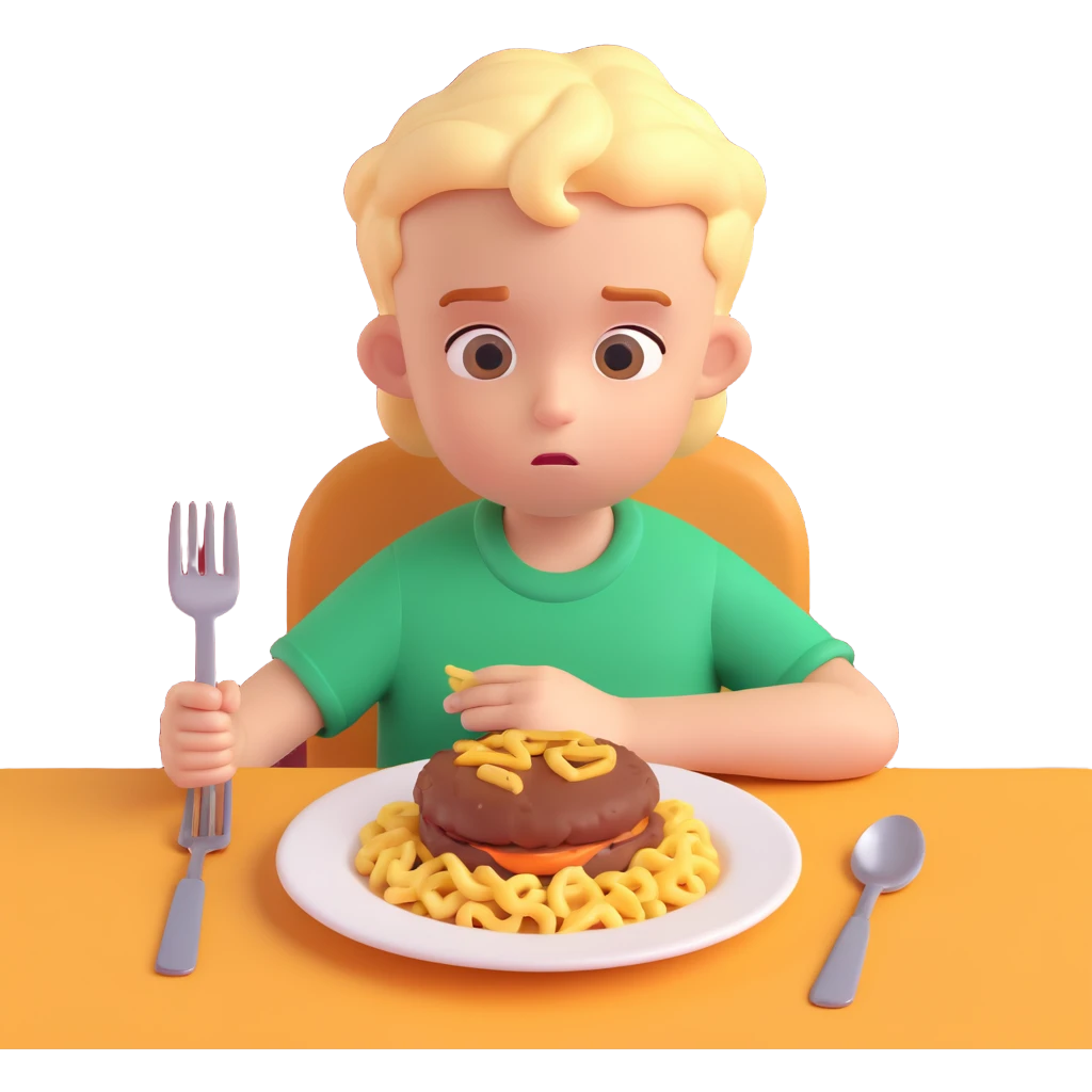 A stylized 3D character of a 6-year-old child sits at a table, looking bored at a plate of macaroni and a meat patty, absentmindedly poking the macaroni with a fork. emoji