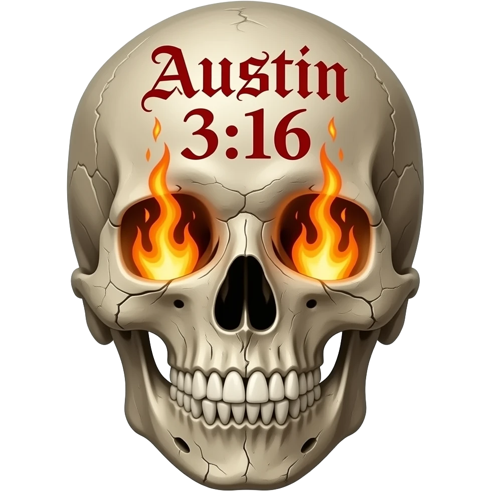 human skull with jaw, no teeth broken but chipped, words Austin 3:16 in black ink, eye socket, and nose cavity need flames, words carved into its forehead in a Gothic font, show cracks, weathering, pieces missing, true flames come out of sockets, all fonts need to be bright red and stacked, embossed emoji