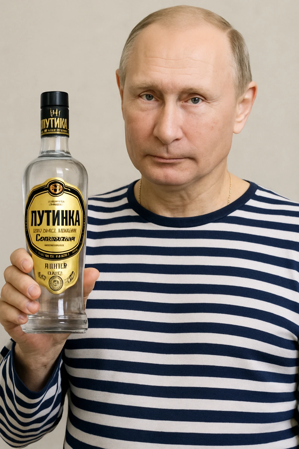 Сгенерируй мне как владимир путин в тельняжке держит эту водку, и на ней прям написанно Путинка emoji