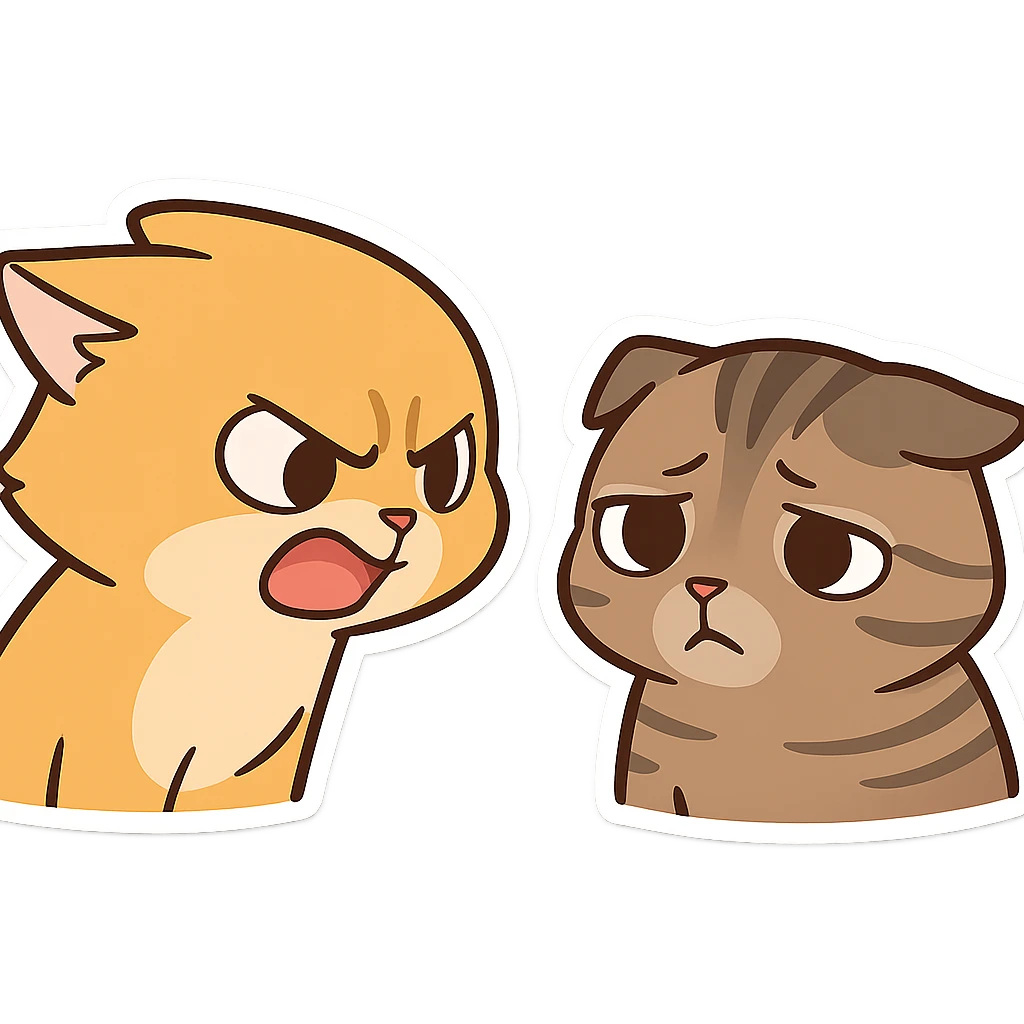 Cat meme expression, a yellow cat is angry and fierce to another tabby cat, the tabby cat looks aggrieved with its ears down emoji