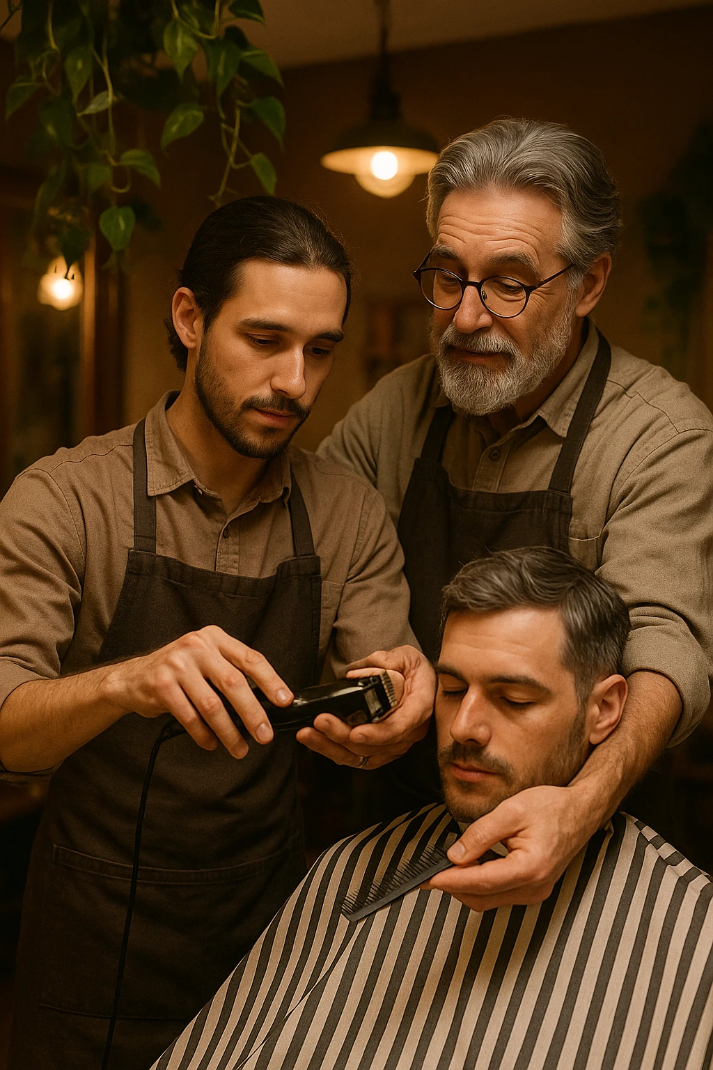 Inside a cozy barbershop with soft lighting, an experienced barber gently teaches his apprentice, guiding his hands as they cut hair together. The room is filled with warmth, plants hanging from the ceiling, and the hum of clippers emoji