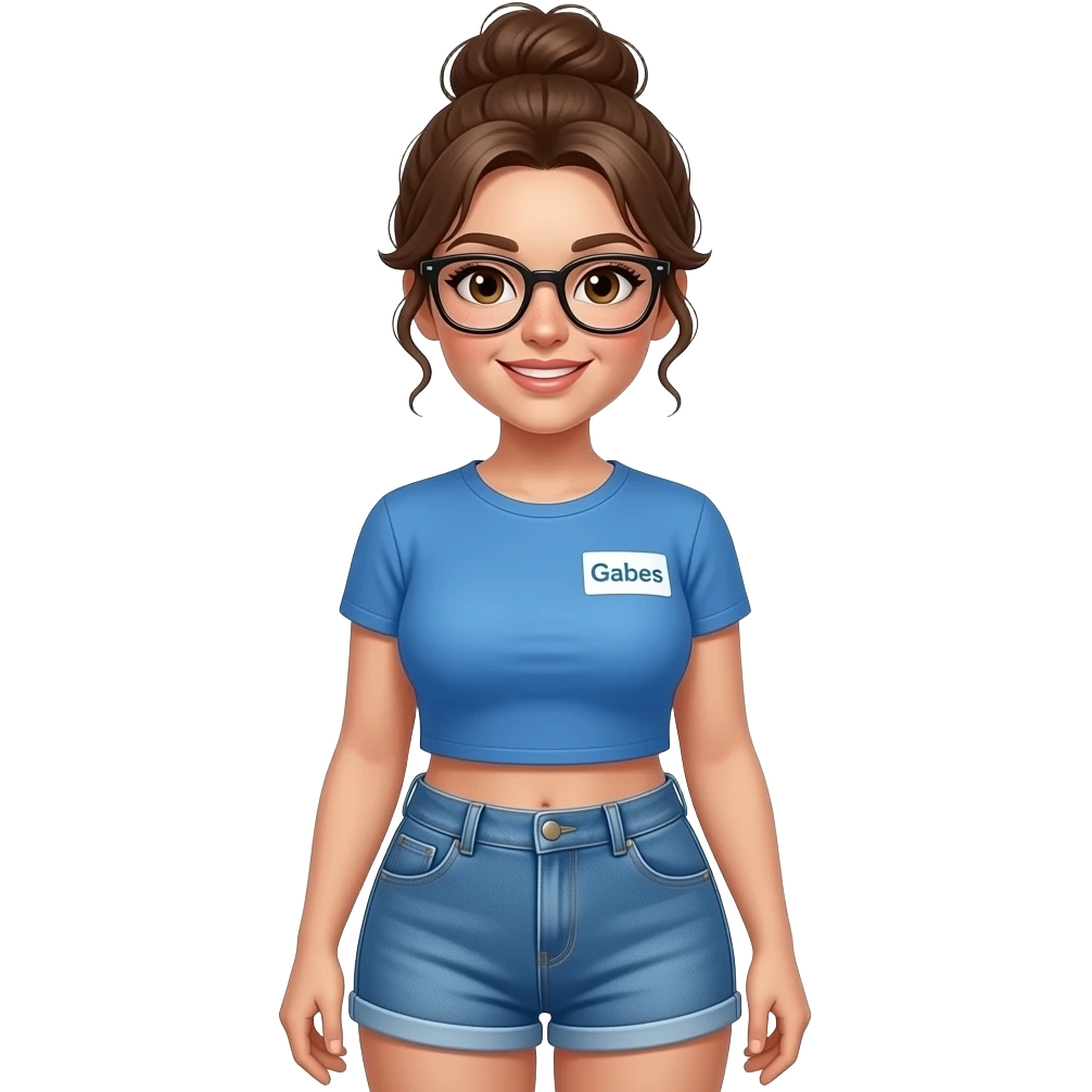 A lightly Freckled face, brown eyed woman with brown messy bun and black frame glasses with big boobs and the tank top is a blue tshirt, with a name tag on the upper right side of her shirt that's a white tag and says Gabes in blue letters,  also with Shorty blue jean shorts and a big booty. emoji