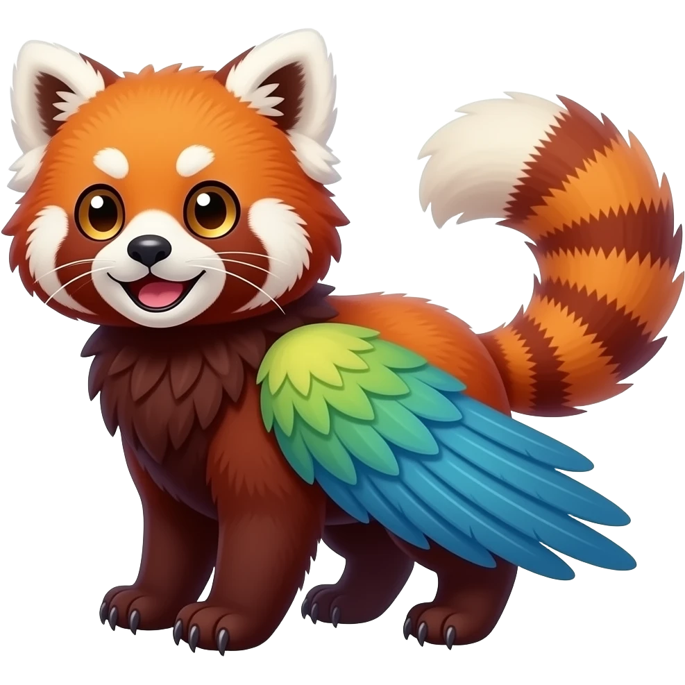 Colorful tropical exotic cute beaked beaky cool beautiful shiny beautiful fantasy-Gryphon-caracal-Cacomistle-Trico-Red-Panda-oncilla-animal-Fakémon-hybrid-fursona (full body) emoji