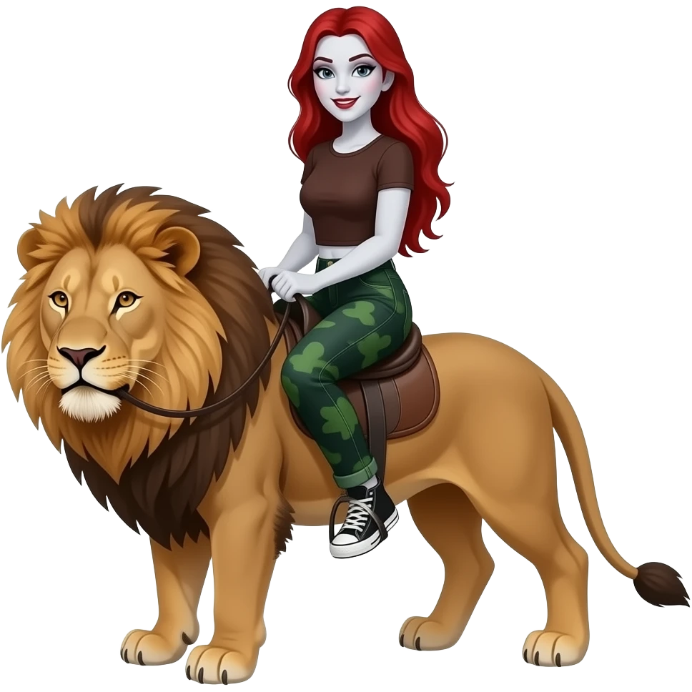 vampiro femmina con  pelle bianca e capelli lunghi e rossi, con jeans verde scuro a zampa d'elefante, una maglia attilante con maniche corte marrone e degli anfibi neri corti che cavalca un leone emoji