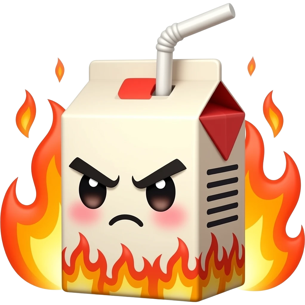 Kawaii juice box with angry face and flames around it emoji