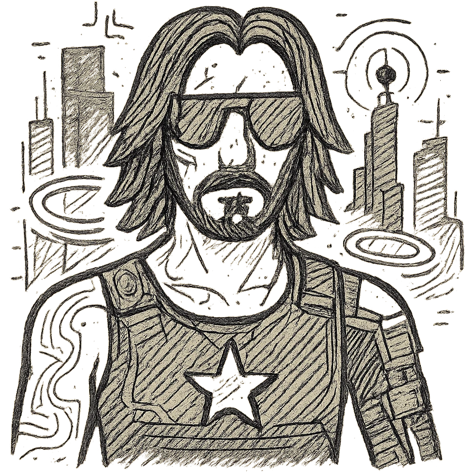 Add more cyberpunk details to Johnny Silverhand: glowing neon tattoos, cybernetic enhancements, holographic elements, and a futuristic cityscape background, keep the hand-drawn black outline style, with no background. emoji