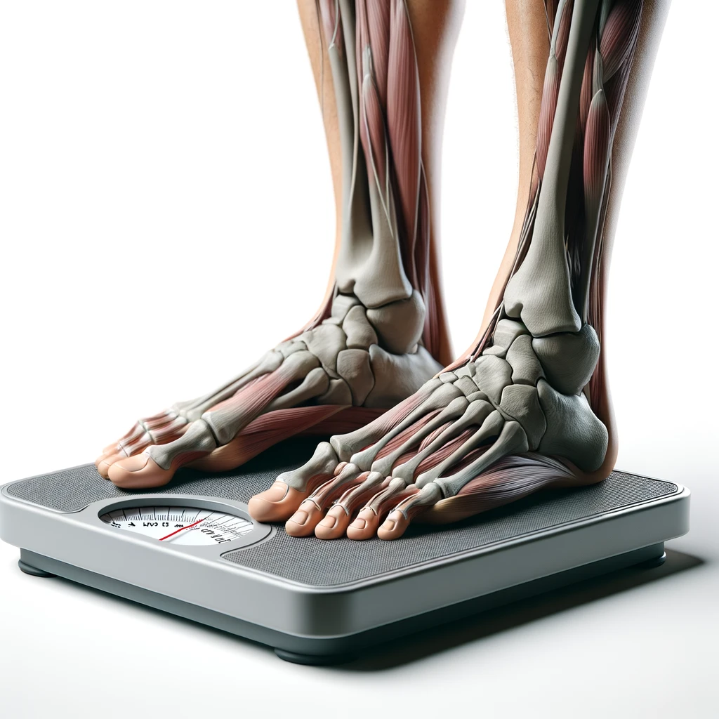 piedi di un corpo umano anatomico su una bilancia pesapersone, si sta pesando perché è ingrassato, iperrealistico 4k, isolato su sfondo bianco emoji