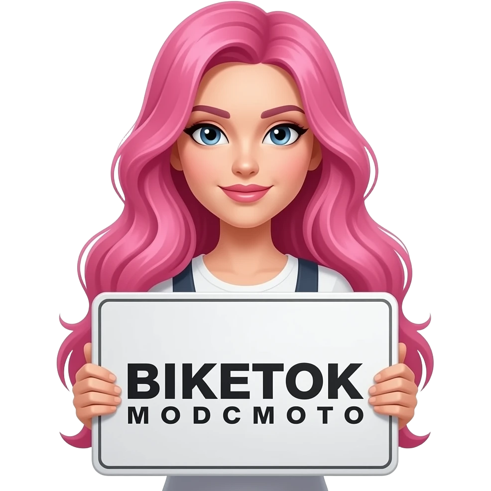 sexy girl with long pink hair holding a BIKETOK MODCMOTO sign emoji
