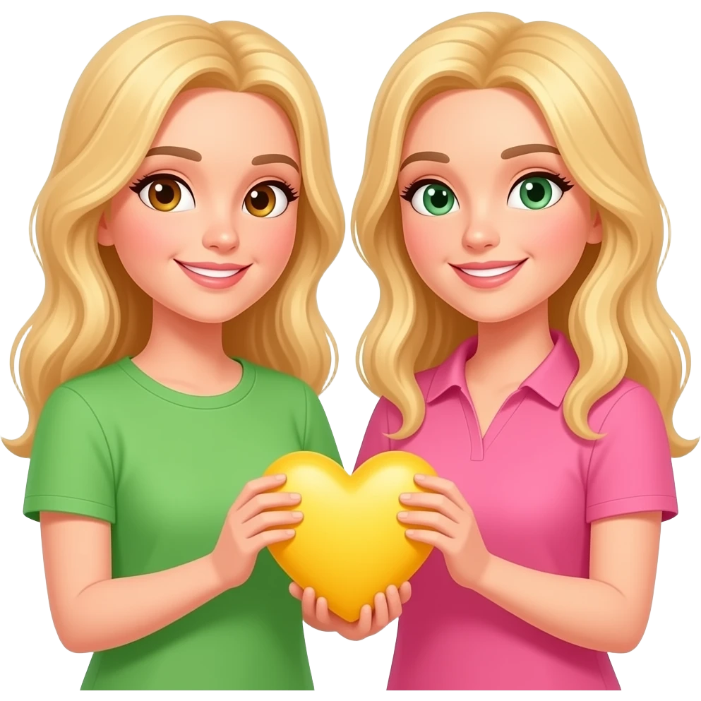 foto de dos rubias cogiendo un corazón amarillo la derecha con una camiseta rosa y ojos marrones y verdes y la de la izquierda con una camiseta verde y ojos marrones emoji