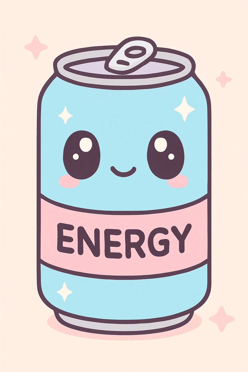 kawaii style energy drink can with a playful face, pastel blue and pink, and sparkles emoji