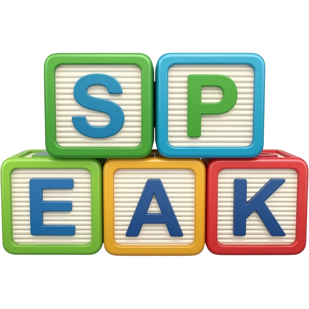 Five children's blocks forming the word "SPEAK", two blocks on top, three at the bottom emoji