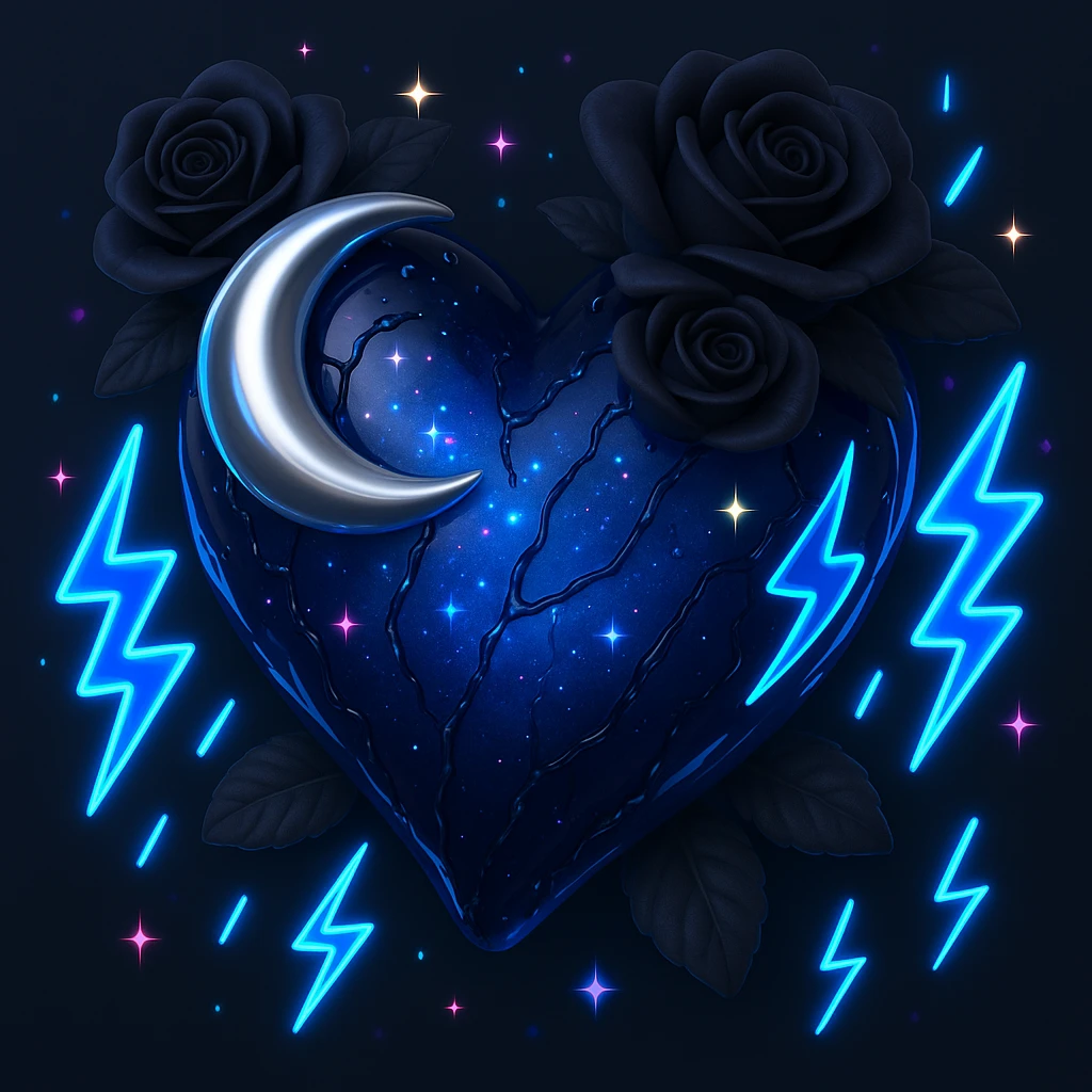 Add more neon lightning bolts to the dark blue glass gothic heart, with silver crescent, midnight roses, holographic sparkles, drenched and cracked glass, in the style of 3D emoji style. emoji