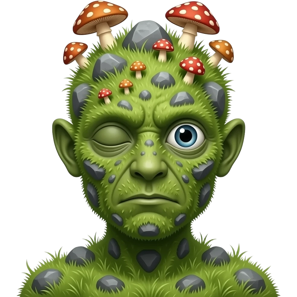 A humanoid thing with grass on it with rocks on it different mushroom growing on its head with no ears or mouth one single eye emoji