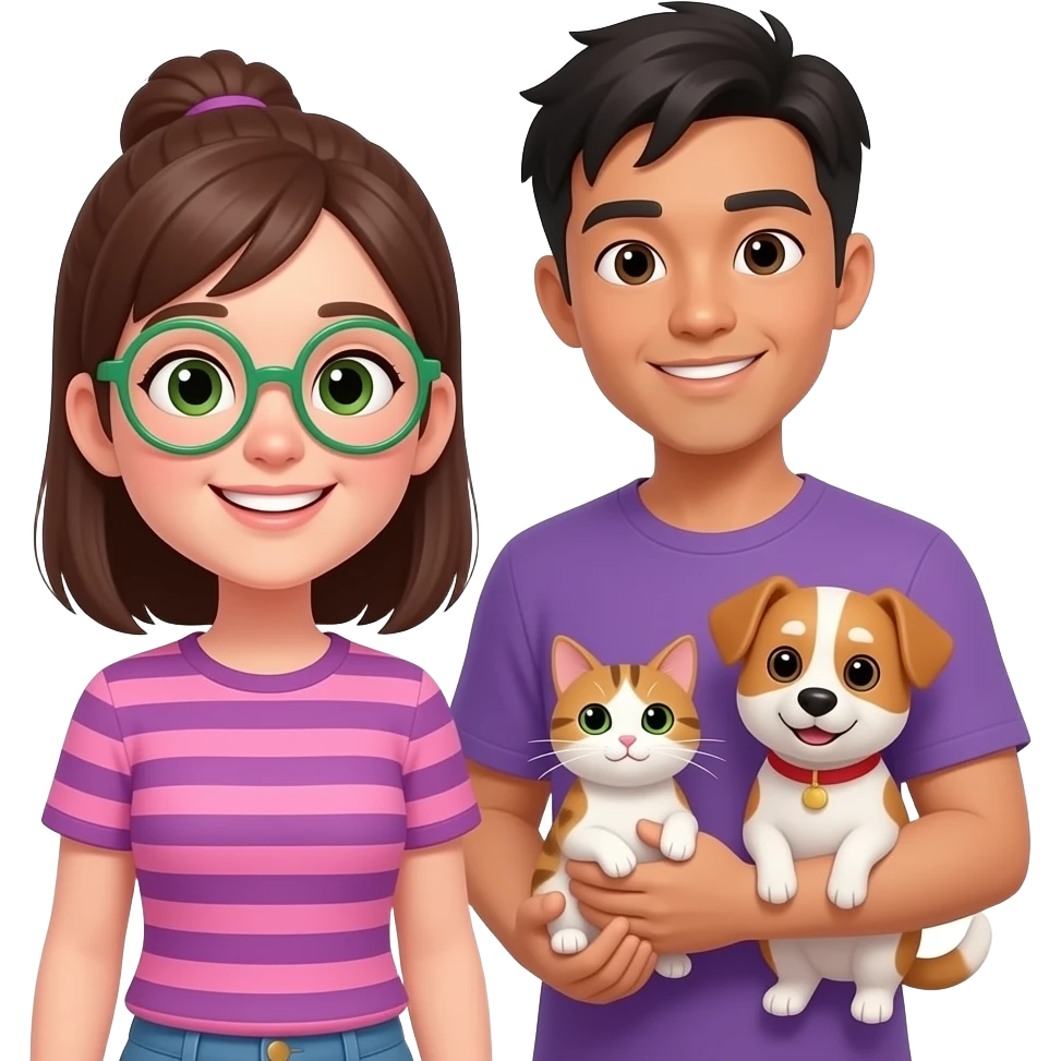 White girl with straight tied up medium brunette hair wearing green-rim circular glasses smiling wearing a pink and purple horizontal t-shirt happy with a cat and dog and Asian brown skin toned boyfriend emoji