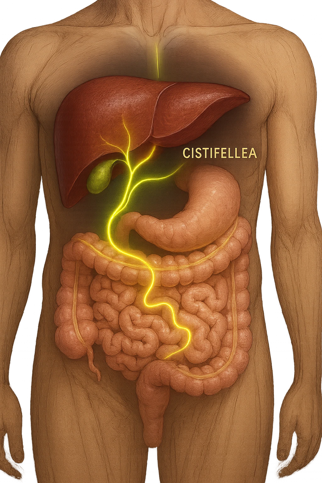 A detailed anatomical illustration-style image focusing on the human torso, highlighting the liver, gallbladder (cistifellea), and intestines. The organs are shown with realistic textures and colors: the liver in deep reddish-brown, the gallbladder as a small greenish sac tucked under the liver, and the intestines in soft pinkish hues. Connecting these organs are glowing, semi-transparent lines or light trails in vibrant colors (e.g., bright yellow or green) that visually trace the functional and physiological links between them. The lines flow smoothly from the liver to the gallbladder and then down to the intestines, symbolizing bile flow and digestive processes. The background is a subtle dark gradient that enhances the brightness and clarity of the lines and organs. The style is a blend of medical illustration and modern digital art, clear, precise, and visually engaging emoji