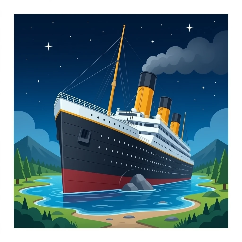 The sunken ship Titanic floats in the night sky above a shallow pool of water emoji