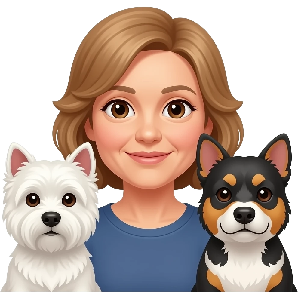 Middle age woman brown eyes , shoulder length light brown hair, with a female westie and a male westie emoji