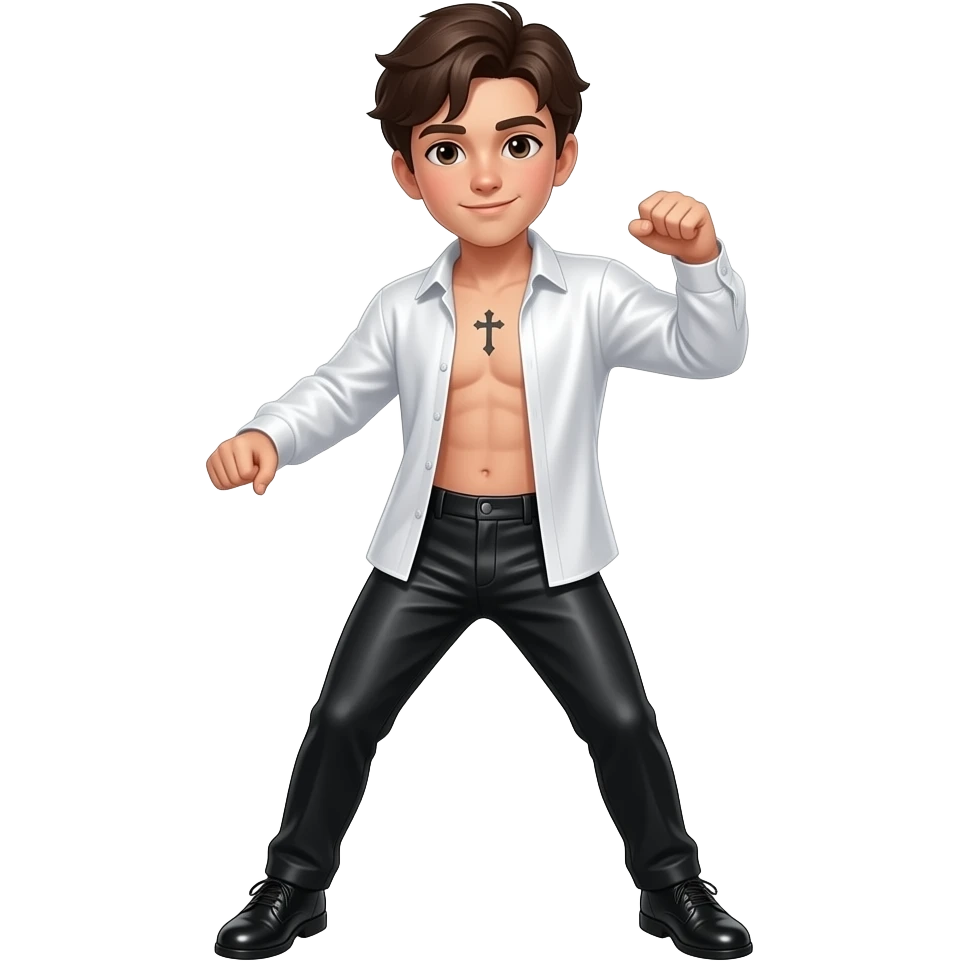 Un chico bailando, tiene camisa manga larga blanca de satín abierta hasta el ombligo. Tiene una pequeña cruz de tatuaje en la parte baja del pecho en toda la mitad . Tiene un pantalón negro brillante, con zapatos negros brillantes y Tiene el cabello castaño oscuro emoji