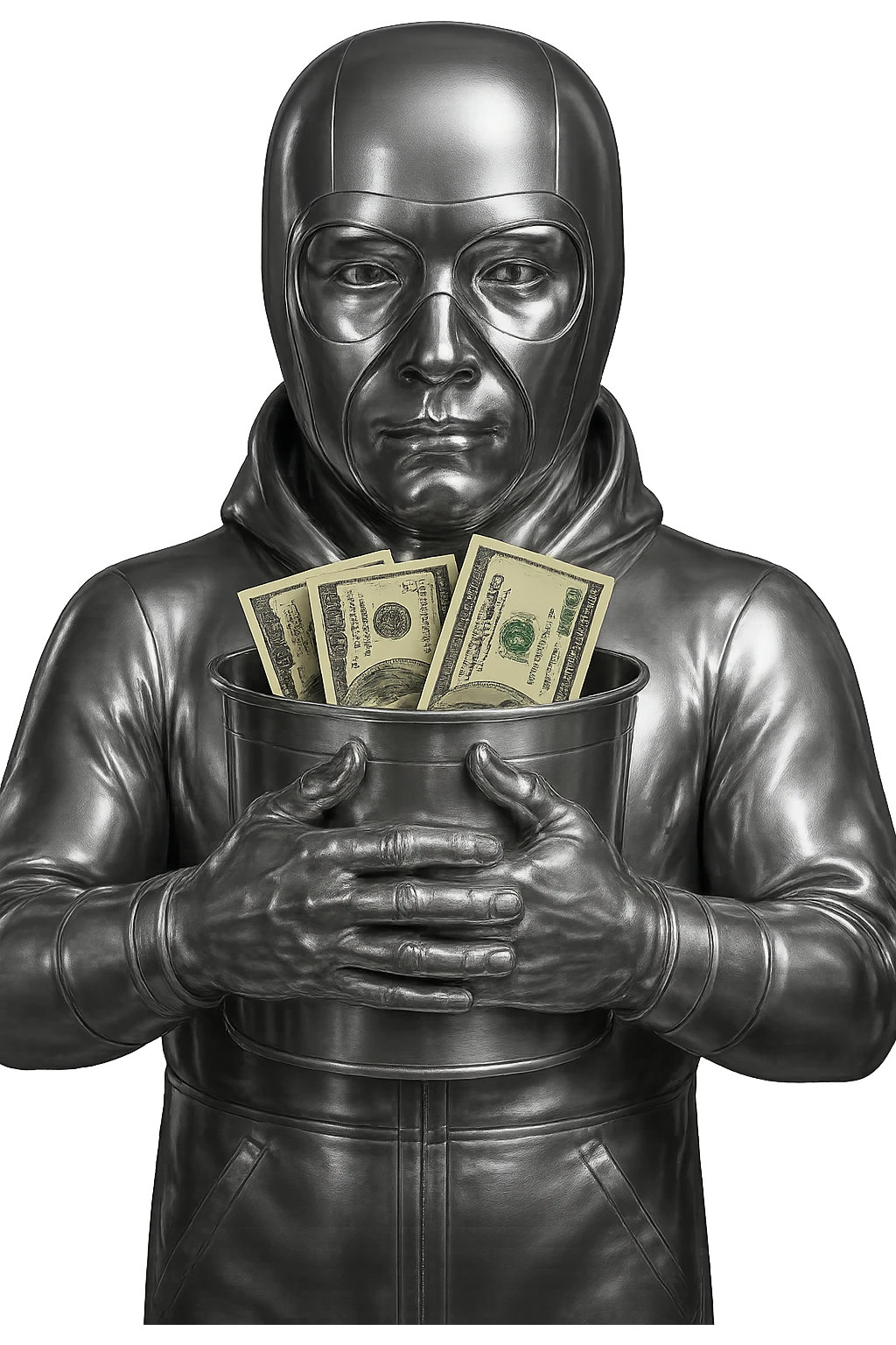 Make the character's face and hands chrome, matching the rest of the suit and bucket. Keep the background transparent and the realistic dollar bills unchanged. The entire figure should have a shiny, reflective chrome finish except for the dollar bills. emoji
