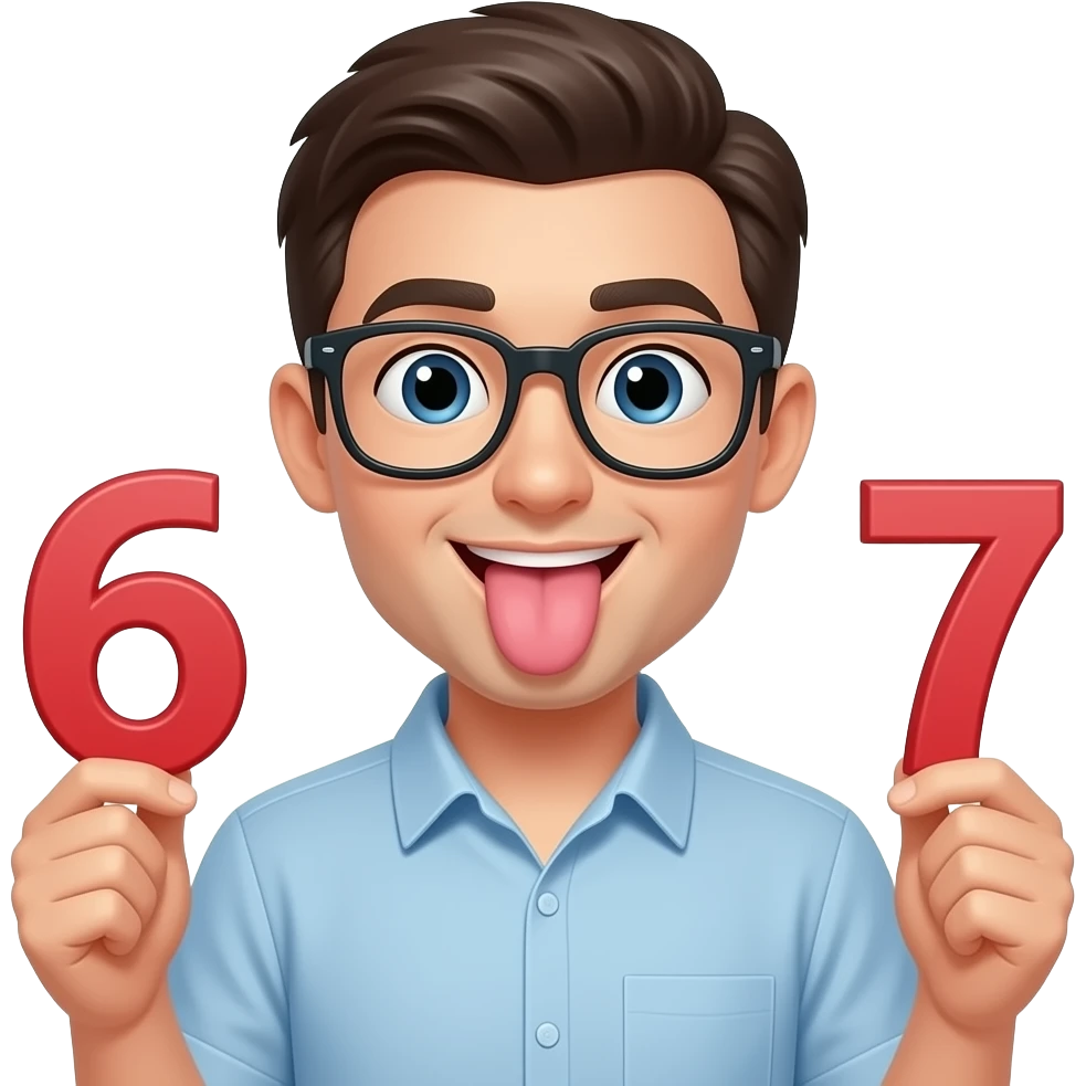 Make a emoji of the joke 6 7 make him holding the 6 7 in his palms don't show the palms make his tongue stick out emoji