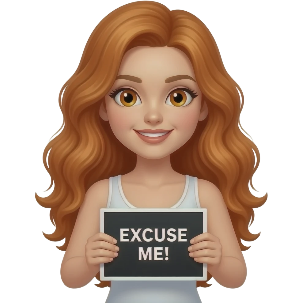 sexy girl with long wavy ginger hair and ginger eyes wearing a white tanktop is holding a black colored sign with EXCUSE ME! written on it emoji