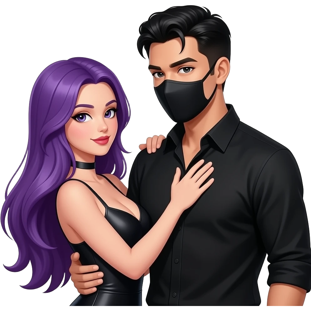 sexy girl with long purple hair and purple is flirting with an blackhaired attractive man in black clothes and black mask emoji