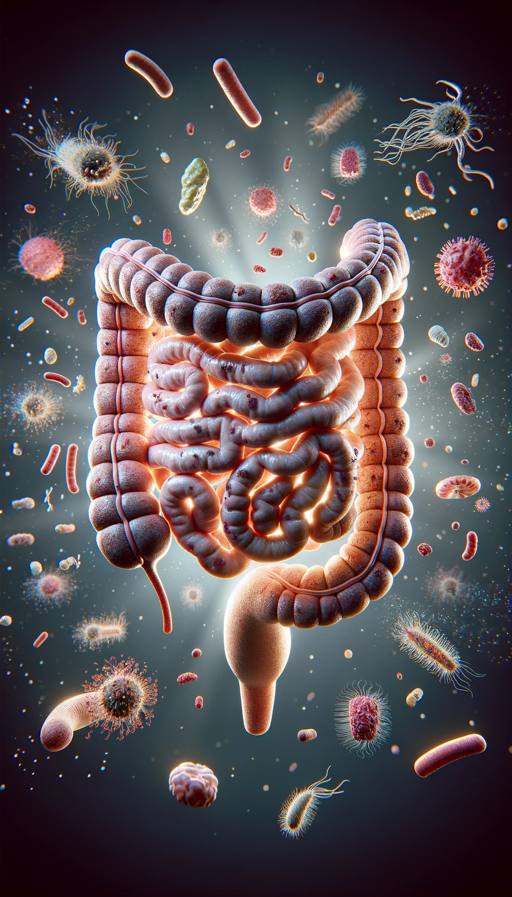 intestino umano realistico con batteri e parassiti che gli fluttuano intorno, iperrealistico 4k emoji