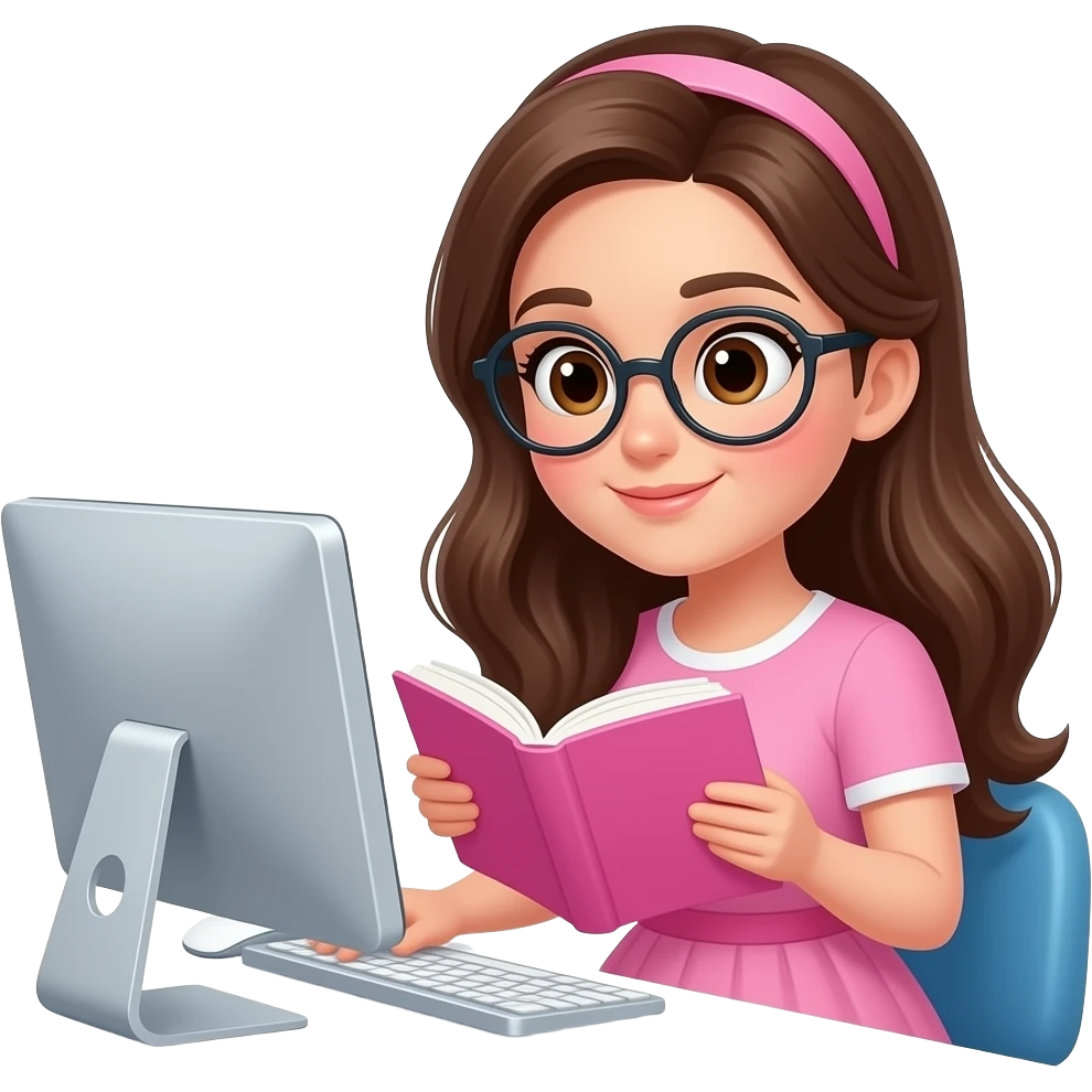 brunette pale skin girl with brown eyes, blush and pink dress and glasses reading a pink book and working on her computer emoji