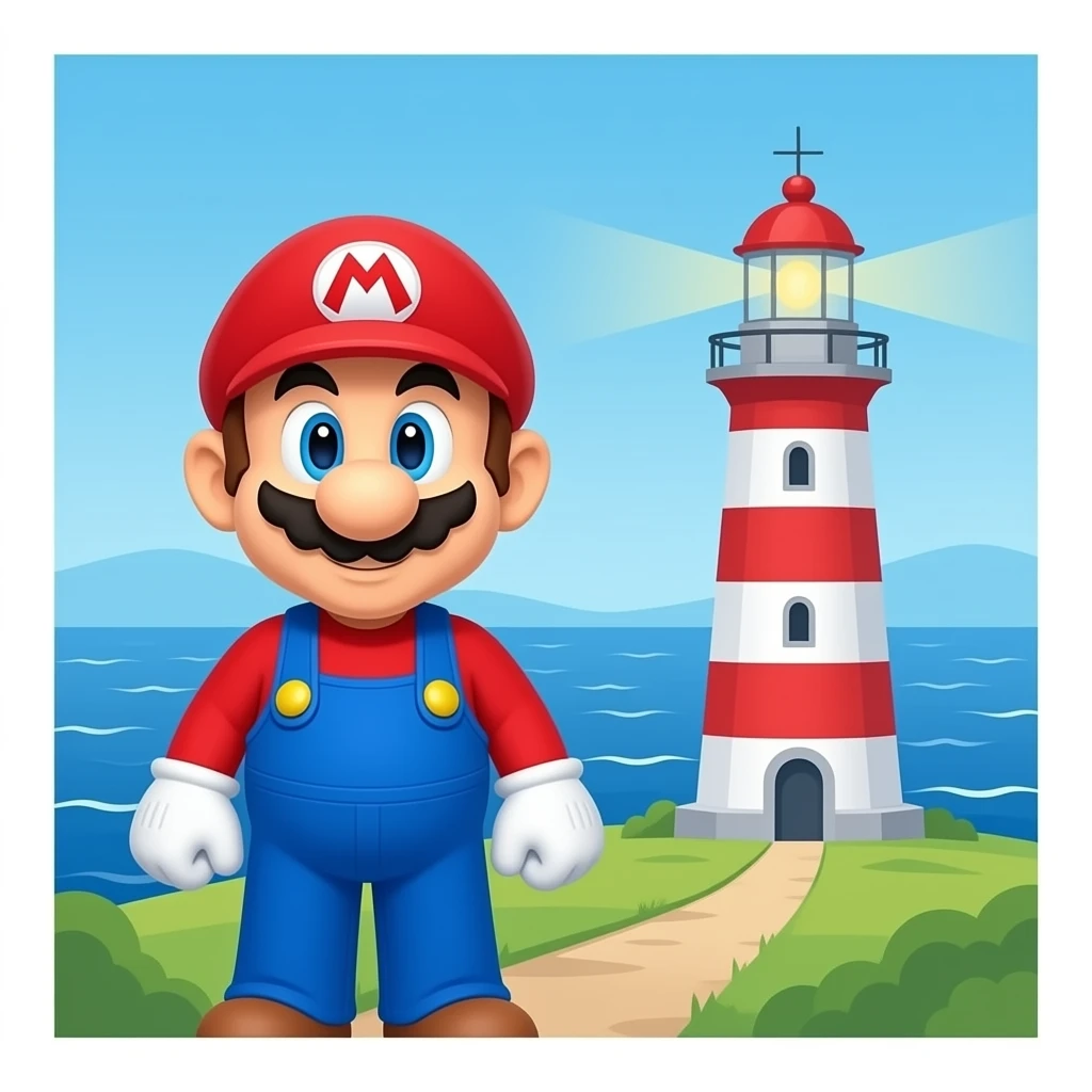 super mario bro close to a lighthouse 3d in the ocean emoji