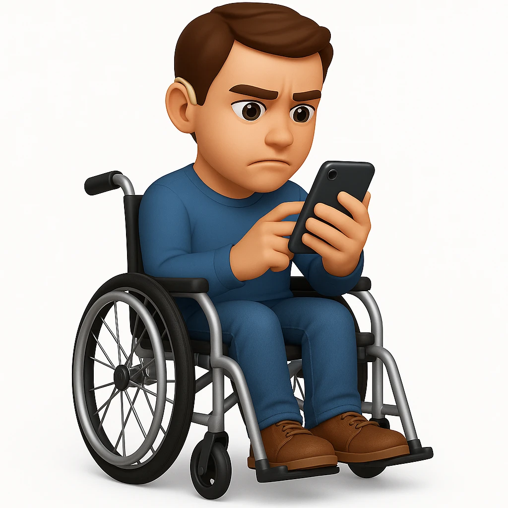 Show the man with his legs visible in the modern wheelchair, keeping the 3D emoji style and the hearing aid visible. emoji