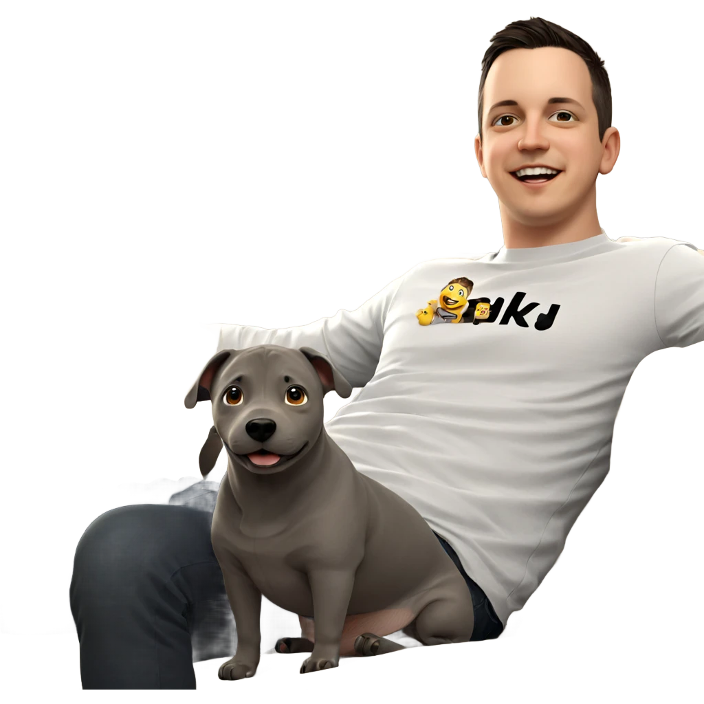 smiling boy indoors with pet emoji