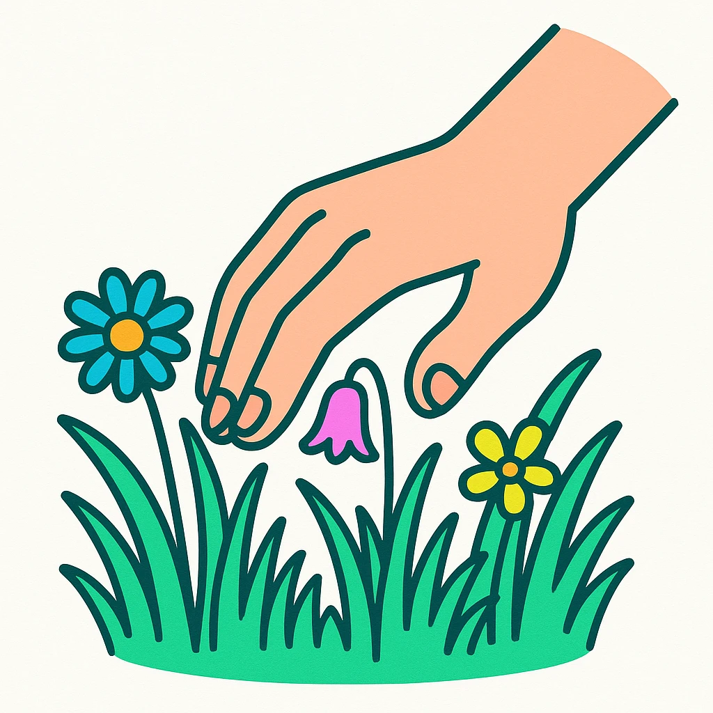 a hand caressing grass and wildflowers, flat 3D icon, neon colors, white background emoji