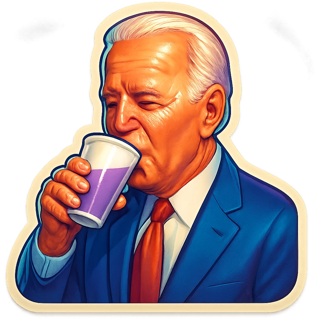 Joe Biden drinking a purple liquid from a white cup emoji