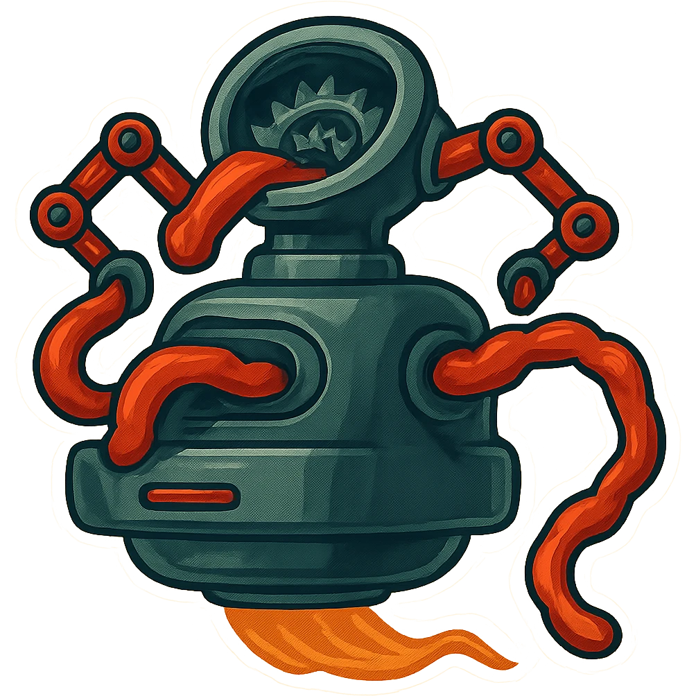 hovering robot. stuffs material into large hole on its top with 2 arms. no head. hole is where a head would be. spinning gears and blades in hole grind material.  3/4 view. between realism and cartoon. well lit. no dramatic lighting. metallic shiny robot. works diligently. drake humor emoji