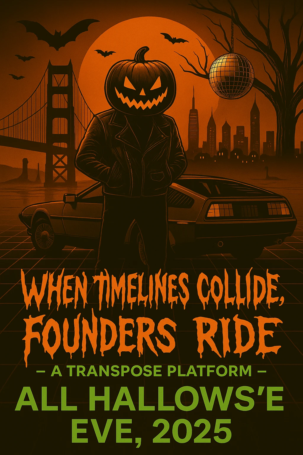 Make the font "When Timelines Collide, Founders Ride" runny, spooky.  emoji