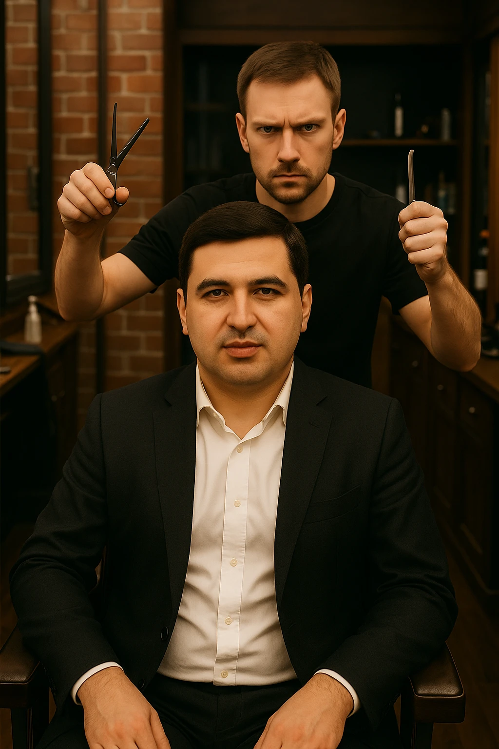 endi esa birinchi rasmdagi odamni yuzini sartaroshni yuziga qilib ber emoji