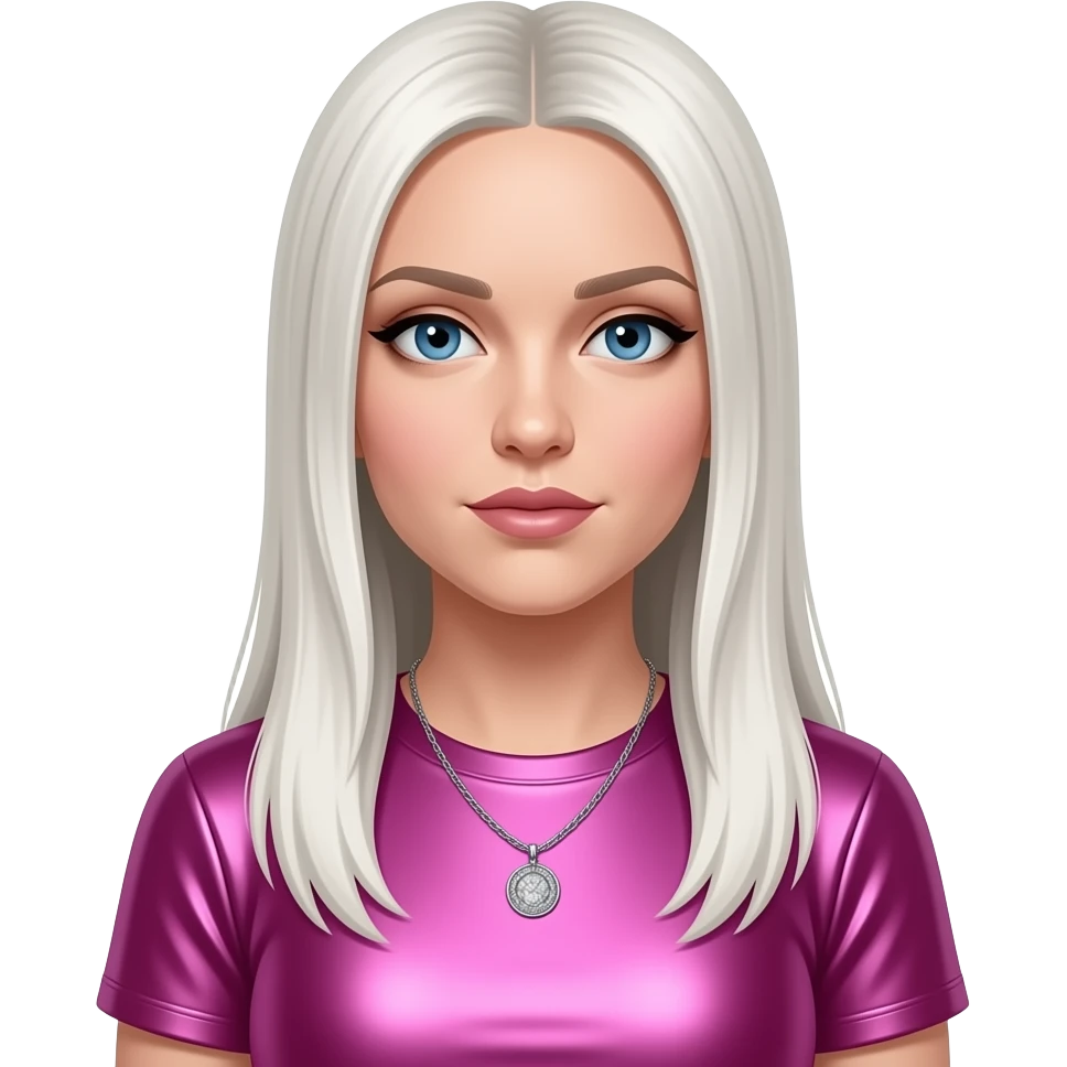 Emily Armstrong from Linkin Park with blue eyes, long white blonde straight hair, fuchsia metallic t-shirt, necklace emoji