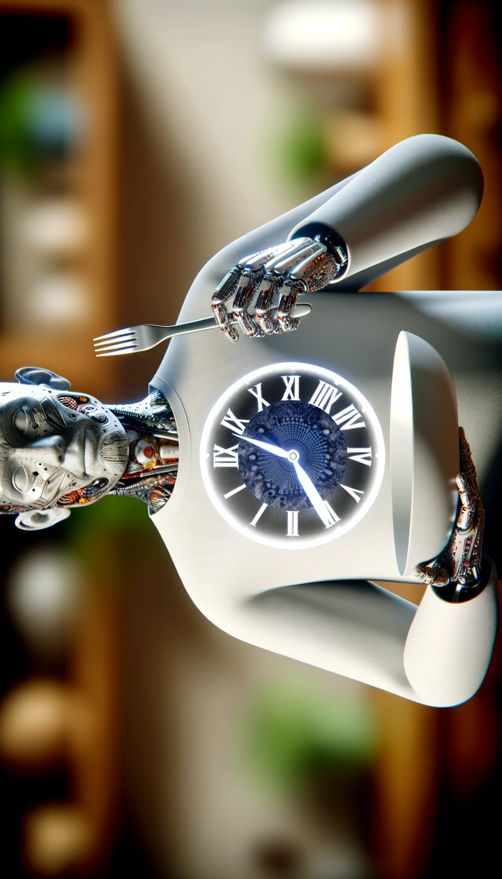 corpo umano anatomico, che tiene in mano un piatto bianco con la lancette di un orologio sopra, figura visibile fino ai fianchi, espressione del volto soddisfatta, sullo sfondo la sua cucina sfocata, iperrealistico 4k emoji