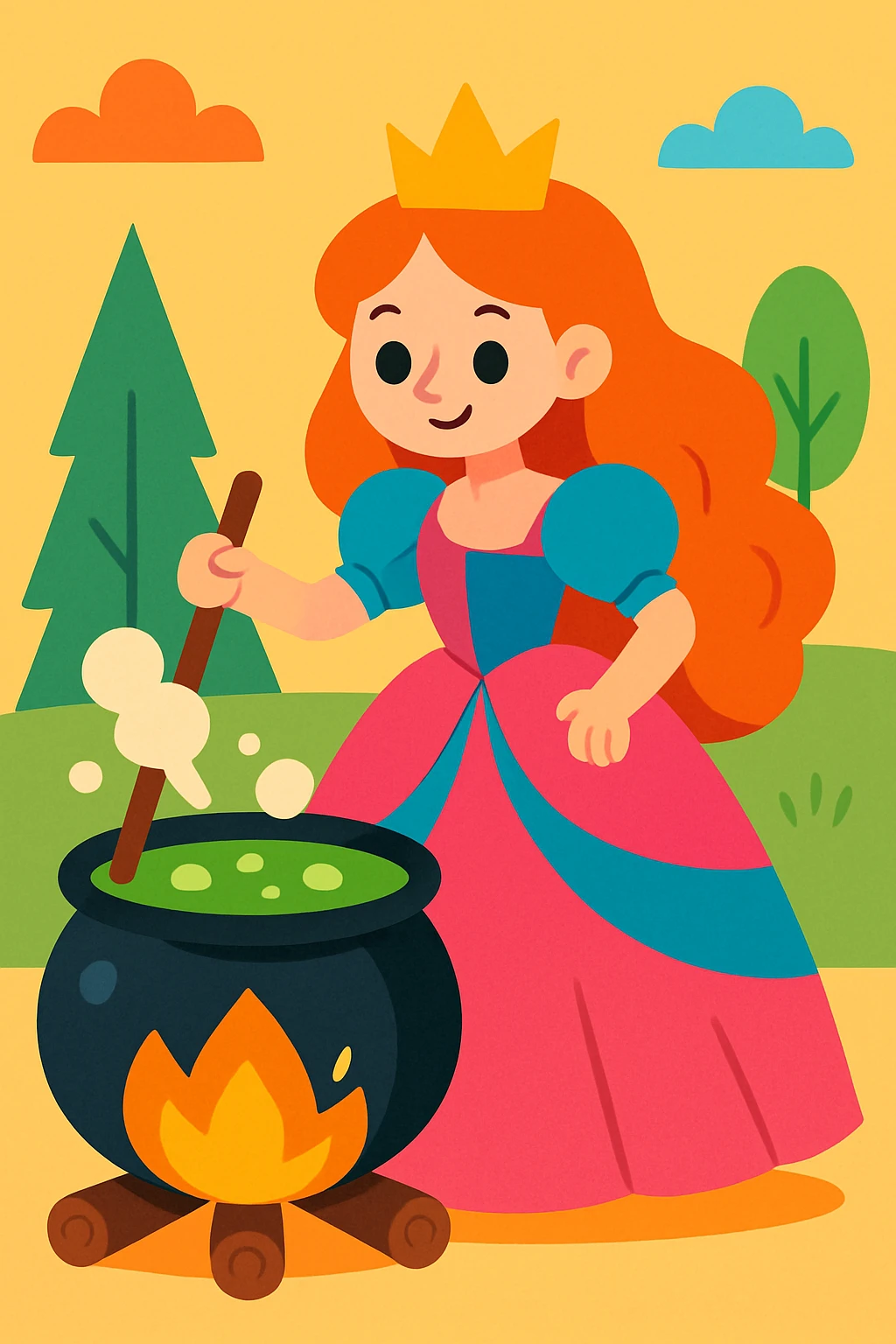 a princess stirring a pot, whimsical style, playful, bright colors emoji
